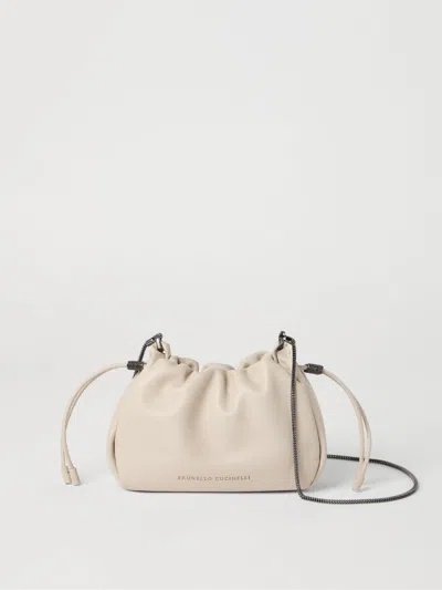 Brunello Cucinelli Mellow Mini Bucket Bag In Soft Leather With Precious Chain In Neutral