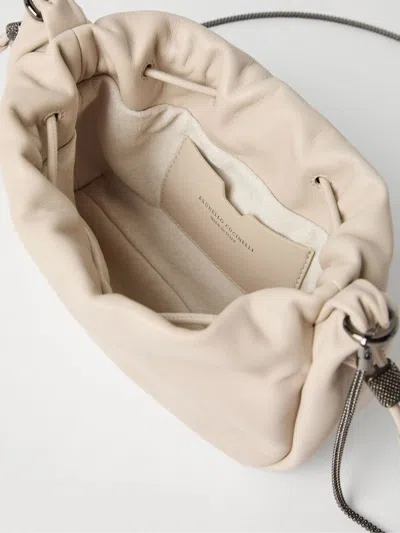 Brunello Cucinelli Mellow Mini Bucket Bag In Soft Leather With Precious Chain In Neutral