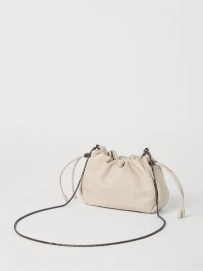 Brunello Cucinelli Mellow Mini Bucket Bag In Soft Leather With Precious Chain In Neutral