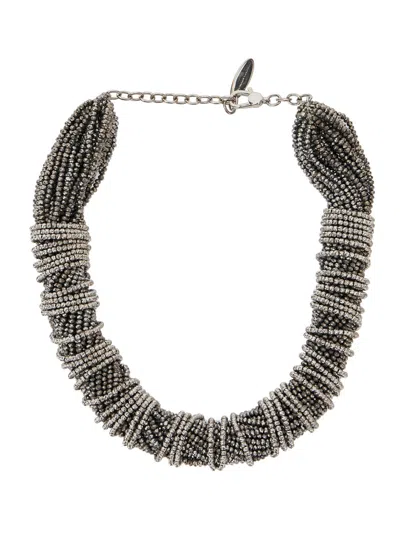 Brunello Cucinelli Silver Colored Choker Necklace With Beaded Embellishments And Twisted Design In Glass And Sterling S In Metallic