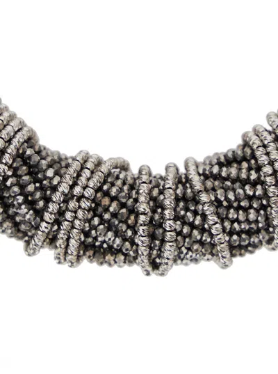 Brunello Cucinelli Silver Colored Choker Necklace With Beaded Embellishments And Twisted Design In Glass And Sterling S In Metallic