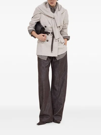 Brunello Cucinelli Check-pattern Shirt With Belt And Shiny Collar Detail In Multi