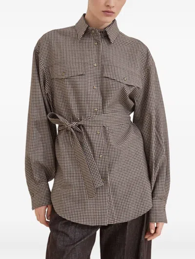 Brunello Cucinelli Check-pattern Shirt With Belt And Shiny Collar Detail In Multi