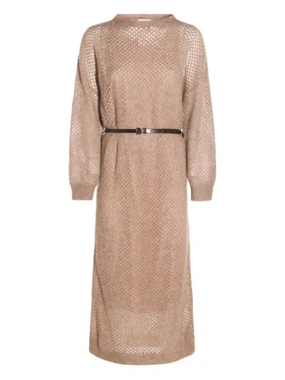 Brunello Cucinelli Hazelnut Color Midi Dress With Waist Belt In Animal Print