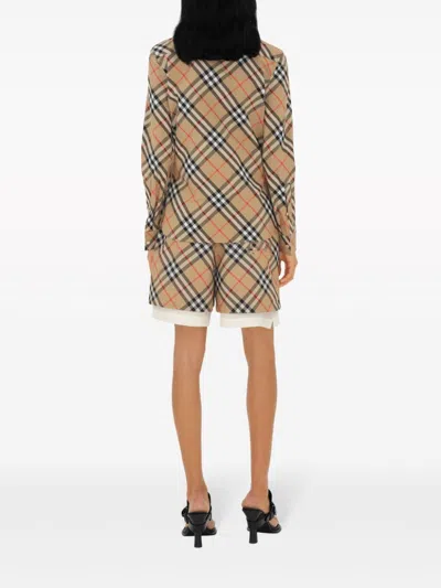 Burberry Women Beige Shirt With Classic Collar And All-over Check Motif In Cotton Woman In Brown