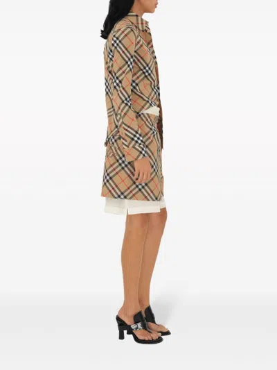 Burberry Women Beige Shirt With Classic Collar And All-over Check Motif In Cotton Woman In Brown