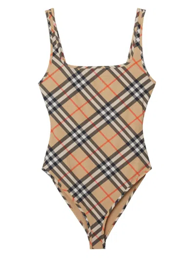 Burberry Women Nylon One-piece Swimsuit With Check Print In Neutral