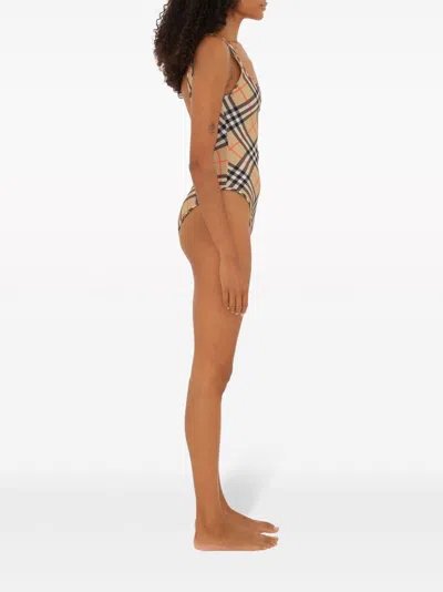 Burberry Women Nylon One-piece Swimsuit With Check Print In Neutral