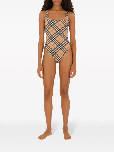 Burberry Women Nylon One-piece Swimsuit With Check Print In Neutral
