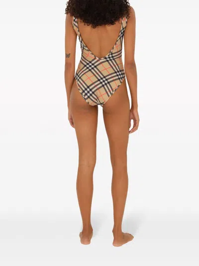Burberry Women Nylon One-piece Swimsuit With Check Print In Neutral
