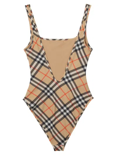 Burberry Women Nylon One-piece Swimsuit With Check Print In Neutral