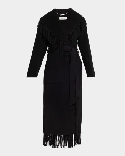 Simkhai Womens Black Carrie Fringe-trim Wool-blend Robe Coat In Black