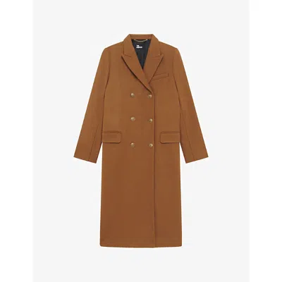 The Kooples Womens Camel Melange / Burgundy Peak-lapel Double-breasted Wool-blend Coat In Brown