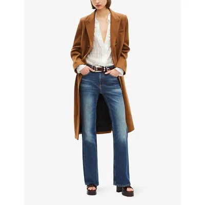 The Kooples Womens Camel Melange / Burgundy Peak-lapel Double-breasted Wool-blend Coat In Brown