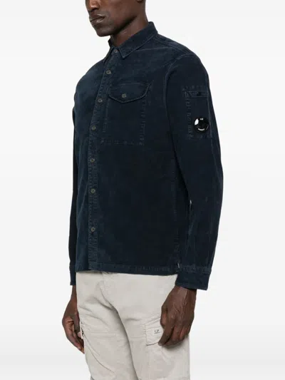 C.p. Company Navy Corduroy Jacket With Button-up Front And Unique Lens Detail In Blue