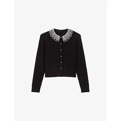 Maje Womens Black Beaded Removable-collar Stretch Wool-blend Cardigan In Black