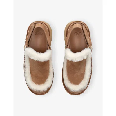 Ugg Suede Mules With Plush Trim And Adjustable Strap In Brown