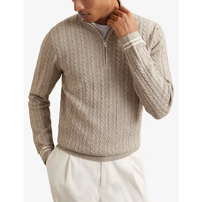 Reiss Tuscano Quarter Zip Cable Knit Sweater In Brown