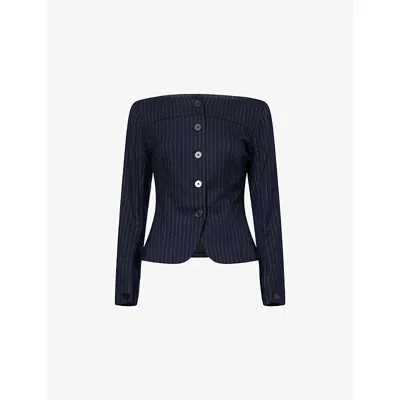 Peachy Den Womens Ink Bardot Tailored Striped Stretch-woven Top In Blue