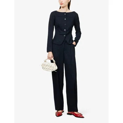 Peachy Den Womens Ink Bardot Tailored Striped Stretch-woven Top In Blue