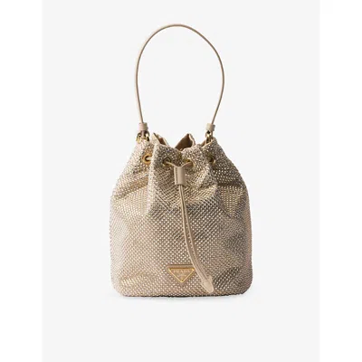 Prada Crystal-embellished Drawstring Bucket Bag In Neutral