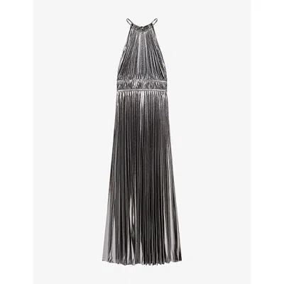 Maje Womens Silver Pleated Halter-neck Woven Maxi Dress In Silver