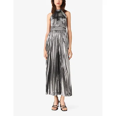 Maje Womens Silver Pleated Halter-neck Woven Maxi Dress In Silver