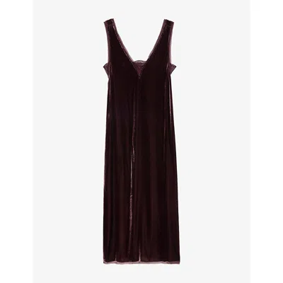Zadig & Voltaire Womens Burgundy Renzo V-neck Silk And Velvet-blend Midi Dress Xs In Brown