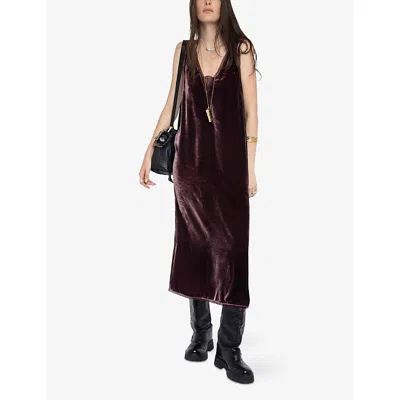 Zadig & Voltaire Womens Burgundy Renzo V-neck Silk And Velvet-blend Midi Dress Xs In Brown