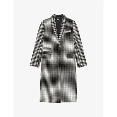 The Kooples Womens Black White Houndstooth Peak-lapel Wool-blend Coat In Multi