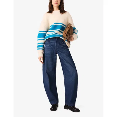 Maje Womens Ecru / Turquoise Striped Relaxed-fit Wool-blend Jumper In Neutral