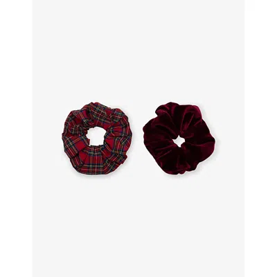 Mimi & Lula Red Giant Tartan And Velvet Set Of Two Scrunchies In Multi