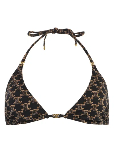 Celine Stretch Fabric Triangle Bikini Top With All-over Logo In Black