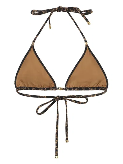 Celine Stretch Fabric Triangle Bikini Top With All-over Logo In Black