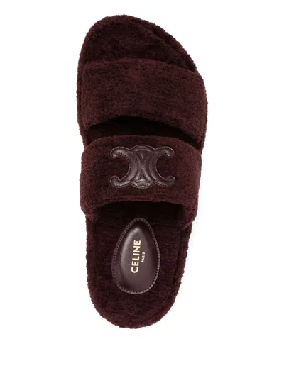 Celine Women Triomphe Fur Shearling Slides In Black