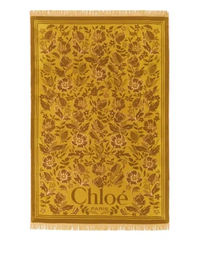 Chloé Cotton Toweling Scarf With Floral Jacquard Motif In Yellow