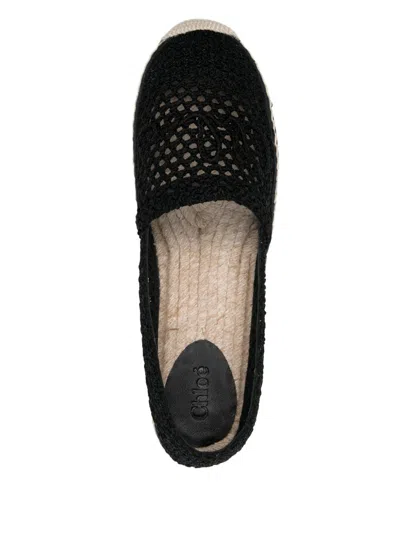 Chloé Woven Round Toe Espadrilles With Flat Rubber Sole In Black