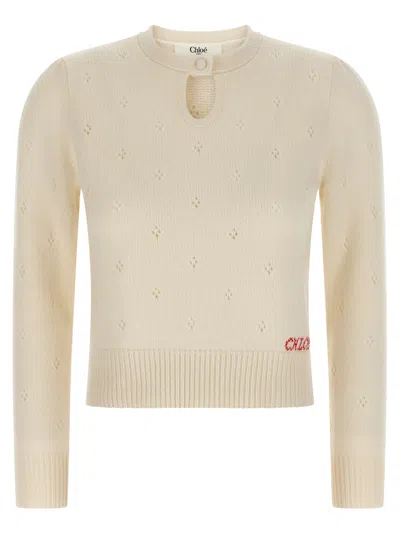 Chloé Wool And Cashmere Fitted Sweater With An Openwork Motif Clothing In Neutral