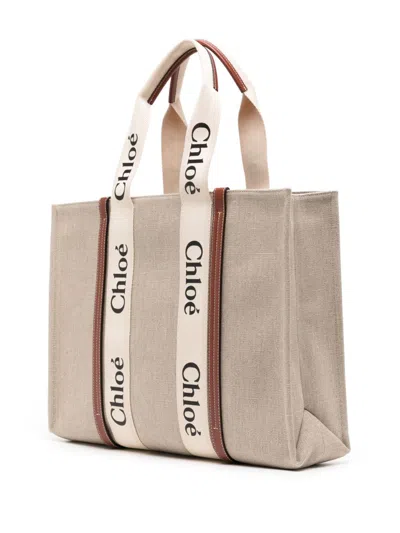 Chloé Woody Large Tote Bag In Linen In Neutral