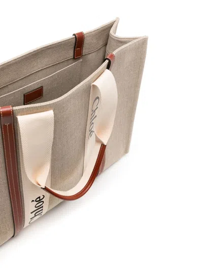 Chloé Woody Large Tote Bag In Linen In Neutral