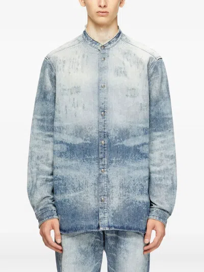 Diesel Denim Long Sleeve Shirt With Mandarin Collar In Blue
