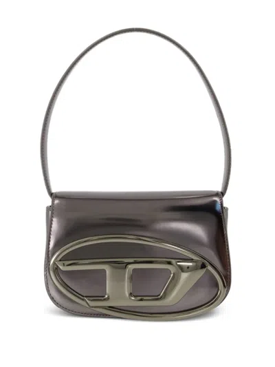Diesel Oval-d Logo Patent Leather Shoulder Bag In Gray