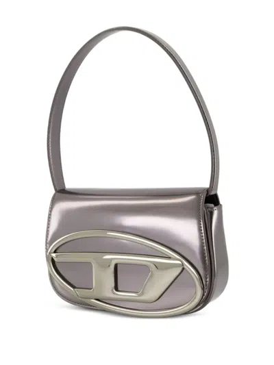 Diesel Oval-d Logo Patent Leather Shoulder Bag In Gray