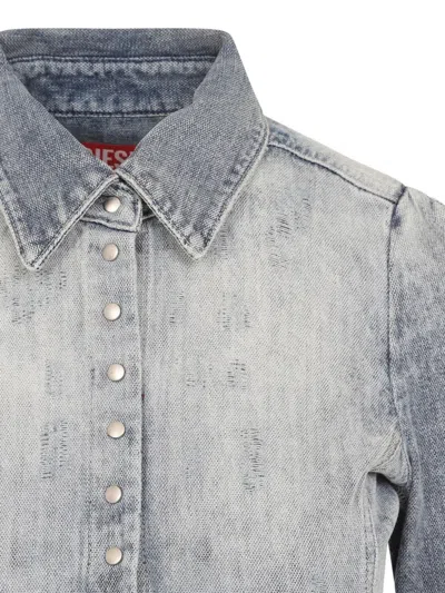 Diesel Shirt In Distressed Honeycomb Denim In Animal Print