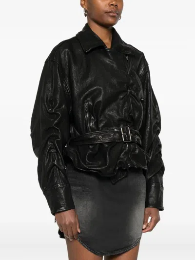 Diesel Belted Jacket In Boiled Leather In Black
