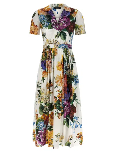 Dolce & Gabbana Midi Poplin Dress With Flower Bouquet Print Dolce E Gabbana In Multi