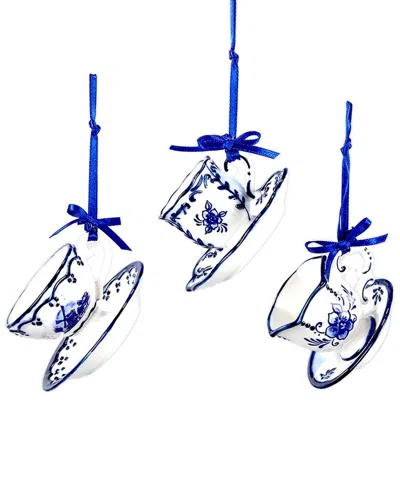 Kurt Adler Set Of 3 Delft Blue Cup And Saucer Ornaments In Blue
