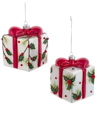 Kurt Adler Set Of 2 Glass Holly Decorated Present Ornament In Multi