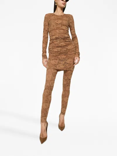 Dolce & Gabbana Short Floral Lace Dress In Brown