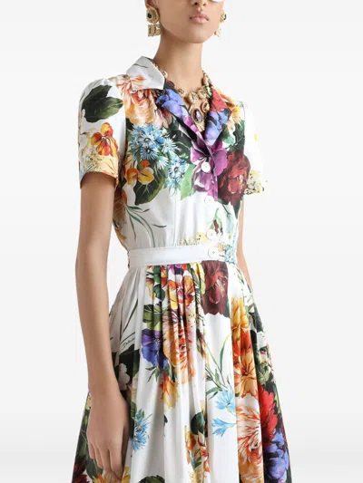 Dolce & Gabbana Midi Poplin Dress With Flower Bouquet Print Dolce E Gabbana In Multi